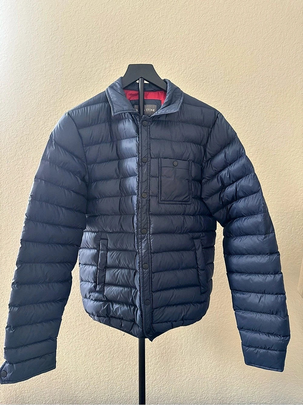 Sage & Stone Navy Blue Lightweight Down Puffer Jacket Small Red Lining